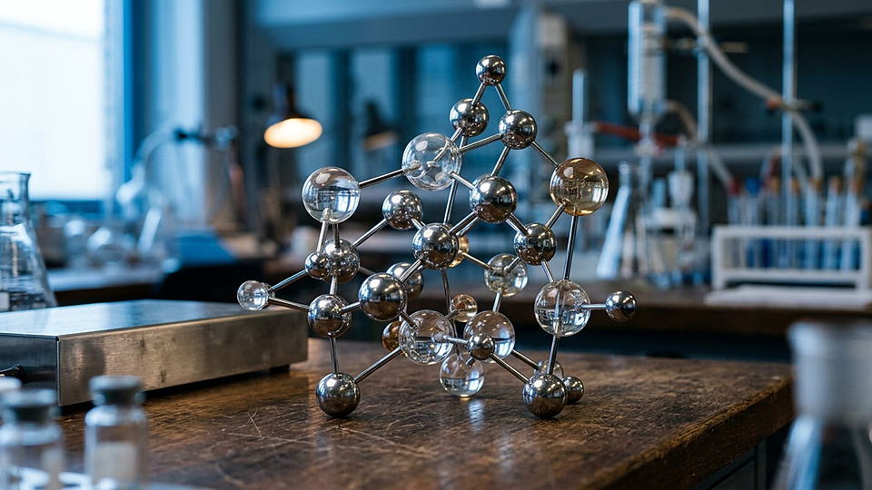 Illustration photoréaliste en lien avec la fiche « Le volume molaire d'un gaz parfait à 273,15 K et 101,325 kPa. » : Modèle moléculaire en laiton et acajou sur un bureau de laboratoire.