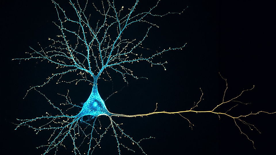Illustration photoréaliste en lien avec la fiche « Quatre-vingt-six milliards de neurones » : Réseau de filaments nerveux lumineux.