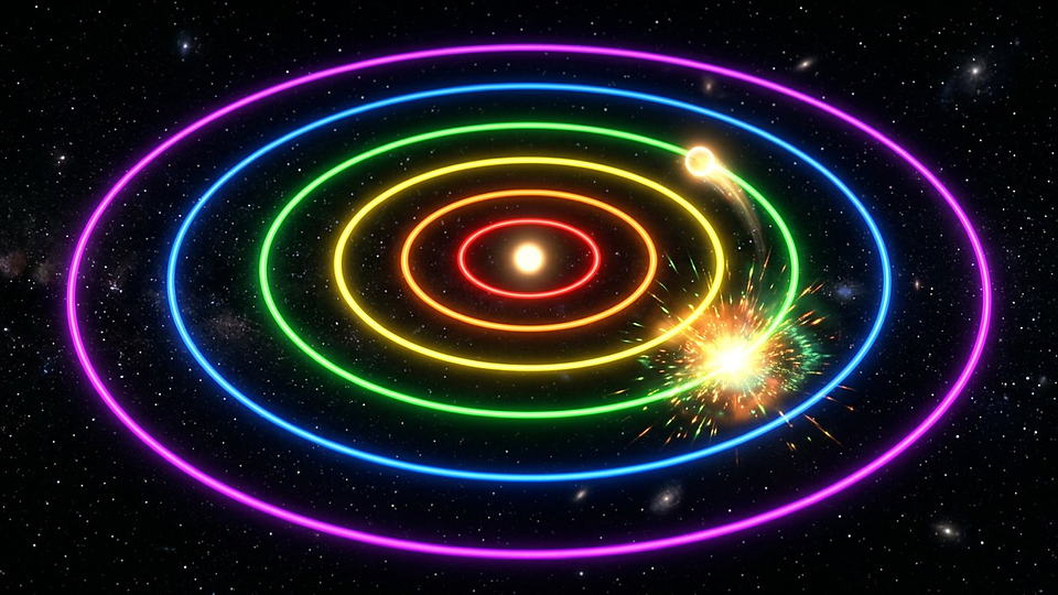 Illustration photoréaliste en lien avec la fiche « La constante de Planck réduite, ou « h barre », sert en mécanique quantique. » : Niveaux d'énergie quantifiés en anneaux.