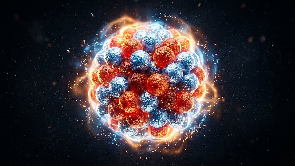 Illustration photoréaliste en lien avec la fiche « La masse du proton est connue avec une incertitude relative de 3,1 × 10⁻¹⁰ (CODATA 2022), soit environ trois dix-milliardièmes. » : Noyau atomique en gros plan, nucléons incandescents.