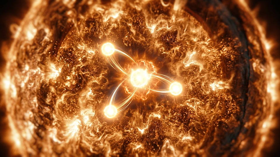 Illustration photoréaliste en lien avec la fiche « Une variation de la force nucléaire forte de plus de 0,5 % ou de la force coulombienne de plus de 4 % réduit fortement la production stellaire de carbone ou d'oxygène. » : Cœur d'étoile massive : noyaux d'hélium qui fusionnent en carbone dans un plasma incandescent.