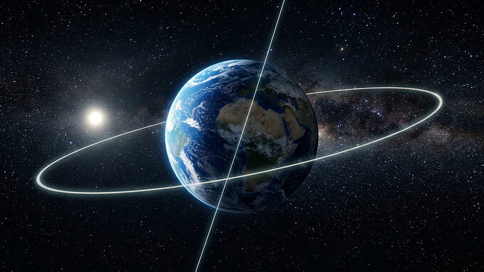 Illustration photoréaliste en lien avec la fiche « L'obliquité de l'axe terrestre mesurée par rapport à son orbite. » : La Terre de biais dans l'espace : axe de rotation et plan orbital matérialisés, écart d'environ 23 degrés.