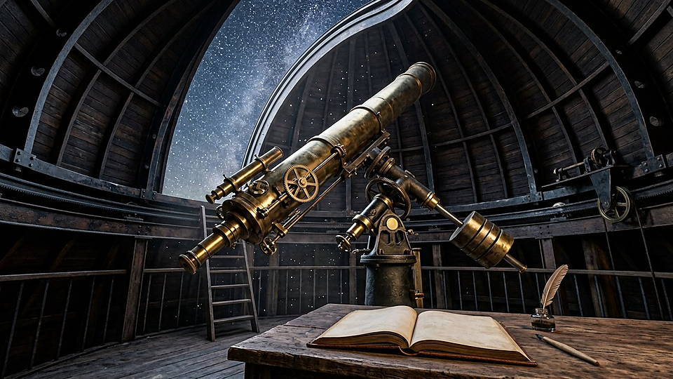 Illustration photoréaliste en lien avec la fiche « Puissance » : Observatoire sous la Voie lactée, coupole et télescope.