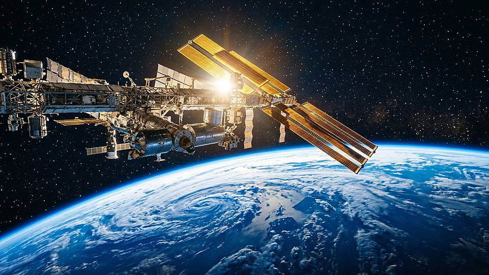 Illustration photoréaliste en lien avec la fiche « La vitesse orbitale moyenne de la Terre autour du Soleil. » : Terre et Soleil dans l'espace, terminateur et limbe éclairé.