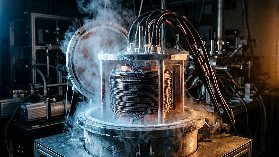 Illustration photoréaliste en lien avec la fiche « La perméabilité magnétique du vide entre dans la force entre deux courants. » : Bobine supraconductrice en cryostat.
