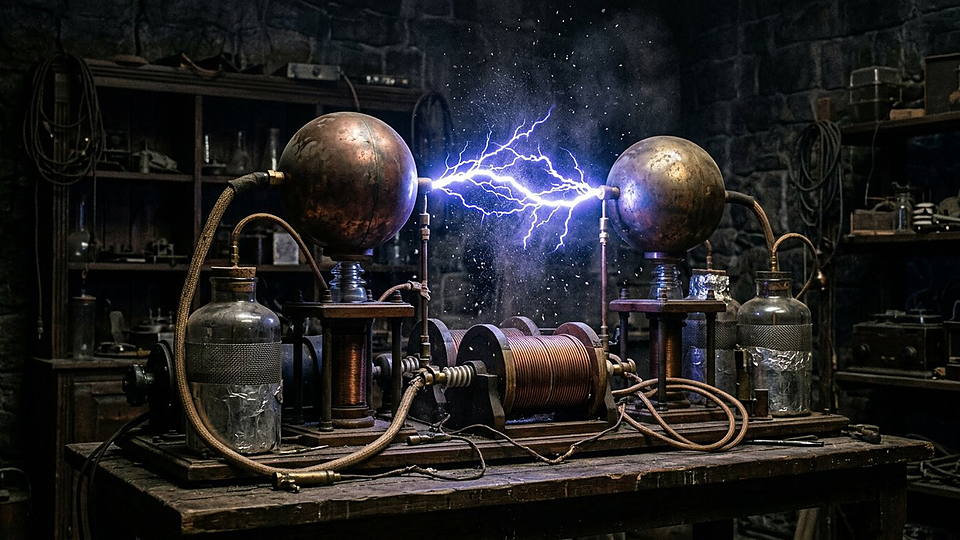 Illustration photoréaliste en lien avec la fiche « La permittivité électrique du vide entre dans la force entre deux charges. » : Décharge entre deux sphères, permittivité du vide.