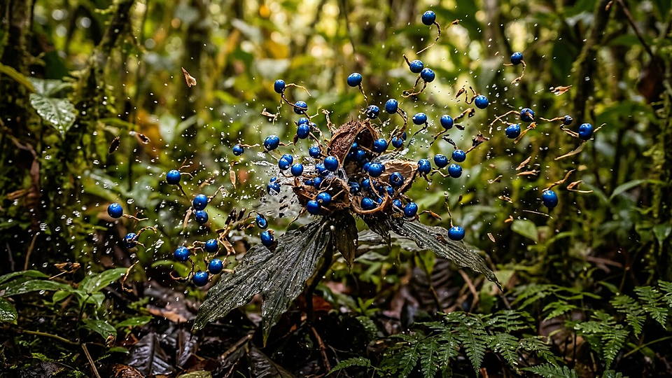 Illustration photoréaliste en lien avec la fiche « Le fruit de Pollia condensata doit sa couleur bleue à une structure, pas à un pigment. » : Infrutescence de Pollia qui éclate : baies bleu métallique projetées en plein vol.