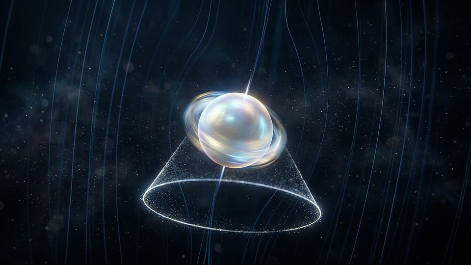 Illustration photoréaliste en lien avec la fiche « Le magnéton de Bohr est l'unité naturelle de moment magnétique atomique. » : Noyau atomique en précession dans un champ magnétique, cône lumineux de son axe.