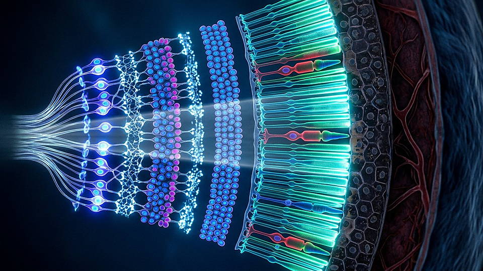 Illustration photoréaliste en lien avec la fiche « Les cellules de Müller de la rétine guident la lumière comme des fibres optiques vivantes. » : Rétine en couches, lumière vers les photorécepteurs.