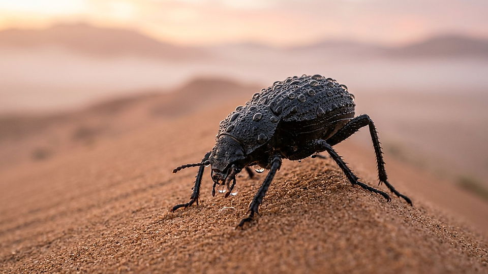 Illustration photoréaliste en lien avec la fiche « Le scarabée de Namibie » : Scarabée noir au sommet d'une dune, gouttelettes du brouillard sur sa carapace.