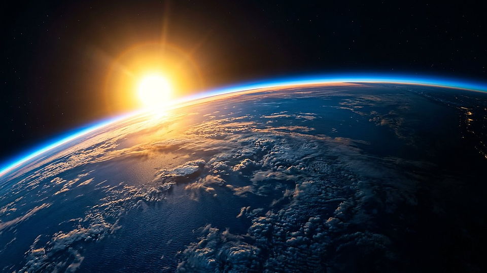 Illustration photoréaliste en lien avec la fiche « Le rayon moyen du Soleil. » : Surface du Soleil et protubérances solaires.