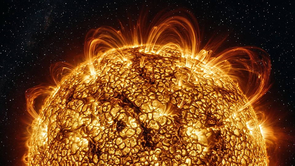 Illustration photoréaliste en lien avec la fiche « La gravité à la surface du Soleil. » : Surface convective d'une étoile solaire.