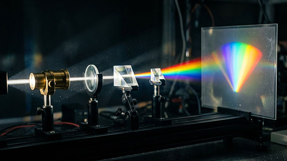 Illustration photoréaliste en lien avec la fiche « La température effective de la surface solaire. » : Prisme déployant un spectre continu sur fond noir.
