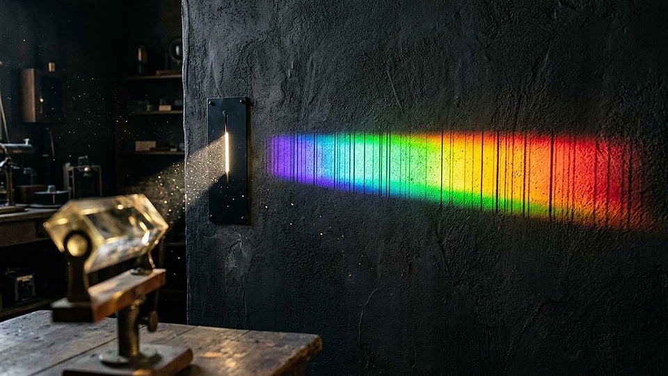 Illustration photoréaliste en lien avec la fiche « Le type spectral du Soleil. » : Spectre solaire et raies d'absorption.