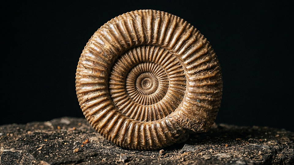Illustration photoréaliste en lien avec la fiche « Eugene Wigner a qualifié l'adéquation des mathématiques aux lois de la physique de « cadeau merveilleux que nous ne comprenons ni ne méritons ». » : Spirale logarithmique d'une ammonite.