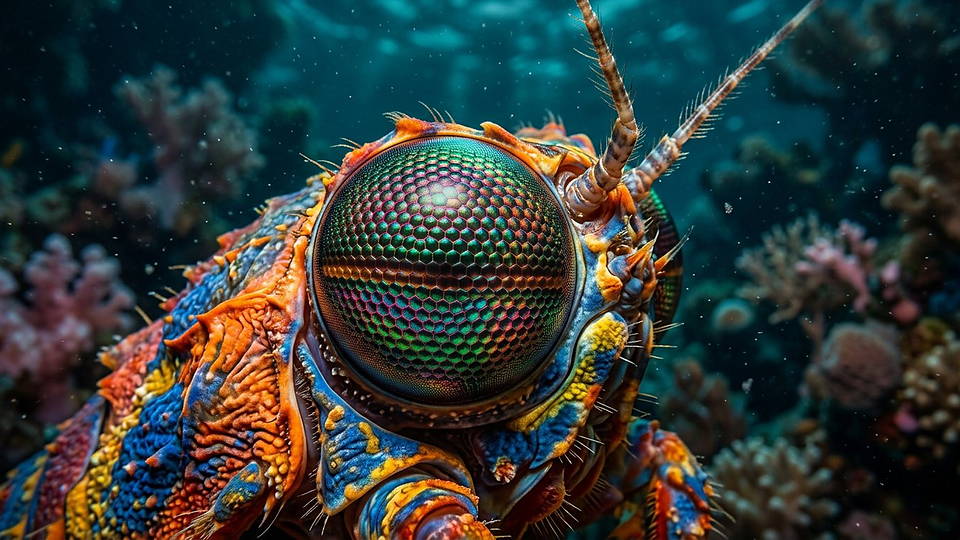 Illustration photoréaliste en lien avec la fiche « La squille-mante possède jusqu'à 12 types de photorécepteurs couvrant 300 à 720 nm. » : Œil de squille-mante en macro.