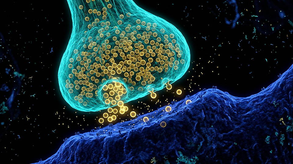 Illustration photoréaliste en lien avec la fiche « Ce même millimètre cube contient environ 57 000 cellules et 150 millions de synapses. » : Jonction synaptique, vésicules et récepteurs en fluorescence.