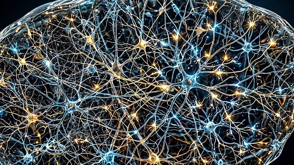 Illustration photoréaliste en lien avec la fiche « Cent cinquante millions de synapses » : Tranche de cortex : myriades de synapses brillant au bout des fibres nerveuses.