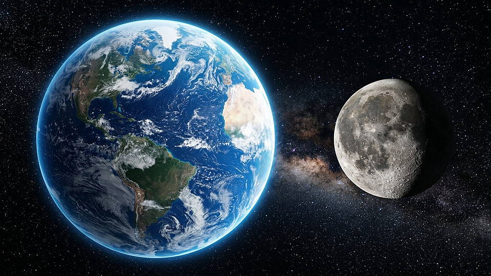 Illustration photoréaliste en lien avec la fiche « Selon les simulations de Laskar et ses collègues, sans la Lune l'obliquité terrestre pourrait devenir chaotique entre 0° et 85°. » : Terre et Lune dans le même cadre, cratères au premier plan.