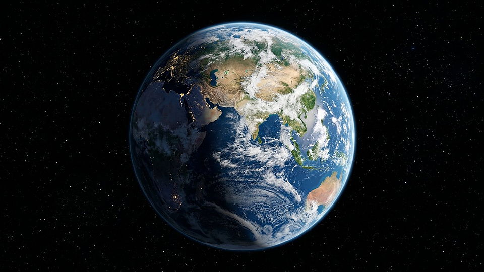 Illustration photoréaliste en lien avec la fiche « Le rayon équatorial terrestre. » : La Terre entière vue de l'espace, sphère nette et rotondité parfaite.