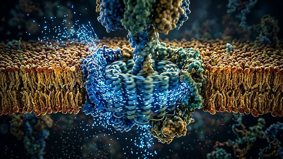 Illustration photoréaliste en lien avec la fiche « Un moteur rotatif » : ATP synthase membranaire : rotor moléculaire traversé par un flux de protons.