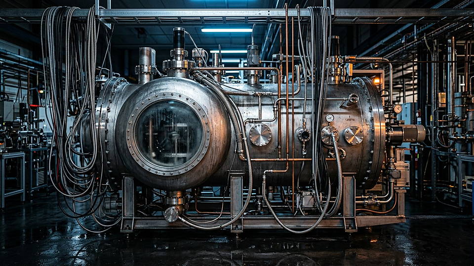 Illustration photoréaliste en lien avec la fiche « La densité de l'air au niveau du sol. » : Chambre à vide de laboratoire, hublot et miroirs internes.