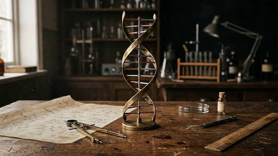 Illustration photoréaliste en lien avec la fiche « Watson et Crick proposent en 1953 une structure à deux chaînes pour l'ADN. » : Modèle de la double hélice en laiton, bureau de 1953.